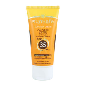 کرم ضد آفتاب SPF35 بژ روشن فاقد چربی مناسب پوست های چرب و آکنه ای ۵۰ میلی لیتر سان سیف Sun Safe